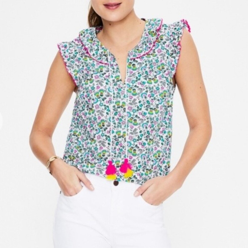 Boden colorful bright floral cotton top Sz. US 4 Pink Ricrac ruffles tassels
